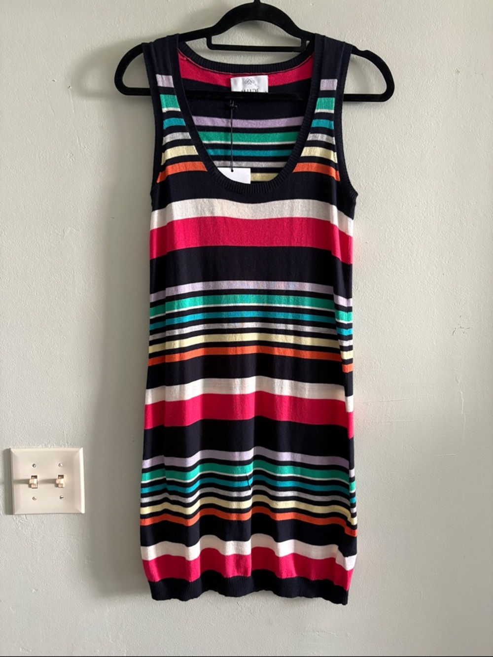 Allude cashmere Striped Sleeveless Knit Mini Dress in Black & Pink M NWT